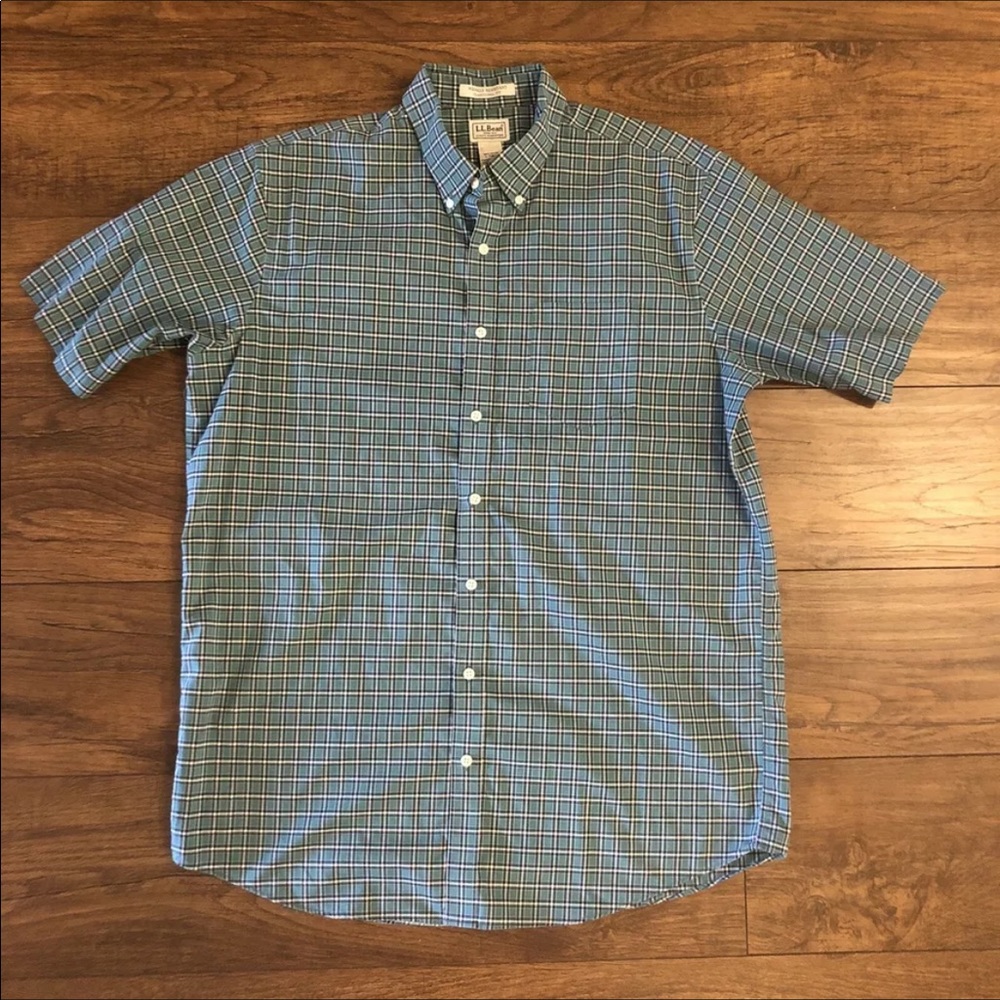 LL Bean Mens Shirt Size LT Green Plaid Short Sleeve Wrinkle Resistant Cotton